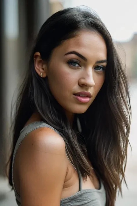 Realistic photo of a beautiful m3g4nf0x-v2 woman, 1girl, solo, long hair, looking at viewer, black hair, bare shoulders, parted lips, teeth, lips, grey eyes, tattoo, realistic, nose, soft lighting, professional Photography, Photorealistic, detailed, RAW, analog, sharp focus, 8k, HD, DSLR, high quality, Fujifilm XT3, film grain, award winning, masterpiece<lora:m3g4nf0x-v2:1.0>