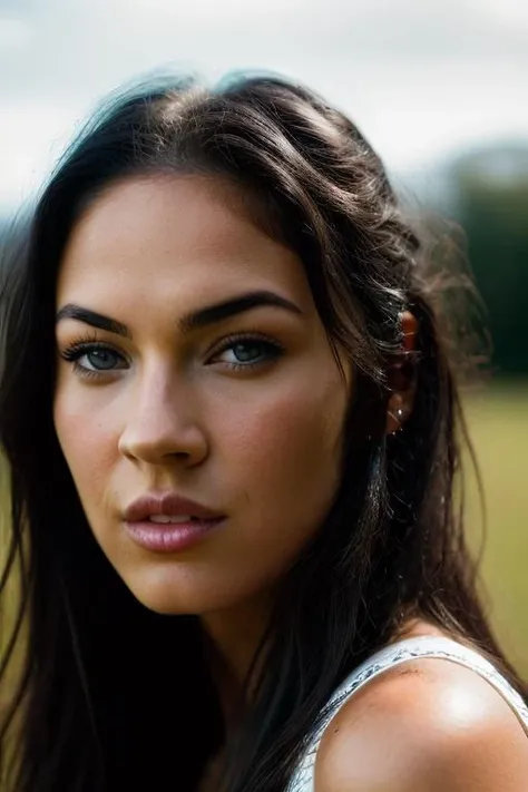 Realistic photo of a beautiful m3g4nf0x-v2 woman, 1girl, solo, long hair, looking at viewer, blue eyes, simple background, black hair, closed mouth, lips, black background, portrait, realistic, nose, soft lighting, professional Photography, Photorealistic, detailed, RAW, analog, sharp focus, 8k, HD, DSLR, high quality, Fujifilm XT3, film grain, award winning, masterpiece<lora:m3g4nf0x-v2:1.0>