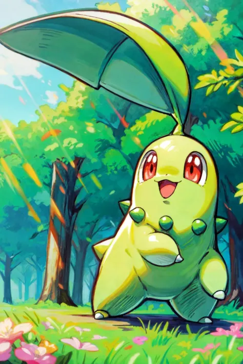 solo, <lora:Chikorita_Pokemon:0.7>, Chikorita_Pokemon, pokemon_\(creature\), no_humans, outdoors, grass, trees, <lora:add_detail:0.7>, dynamic pose,