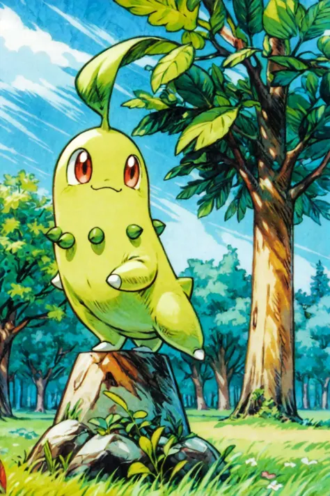 solo, <lora:Chikorita_Pokemon:0.7>, Chikorita_Pokemon, pokemon_\(creature\), no_humans, outdoors, grass, trees, <lora:add_detail:0.7>, dynamic pose,