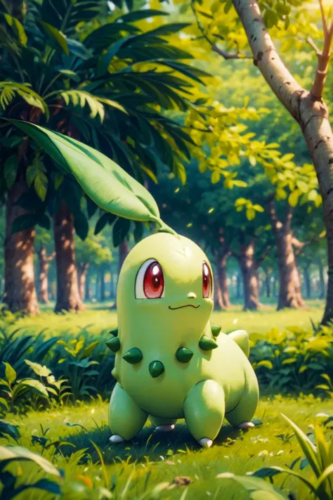 solo, <lora:Chikorita_Pokemon:0.7>, Chikorita_Pokemon, pokemon_\(creature\), no_humans, outdoors, grass, trees, <lora:add_detail:0.7>, dynamic pose,