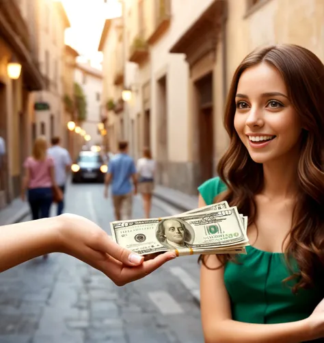Generate a realistic image of a hand extending out offering cash to a woman. The focus is on the exchange, capturing the moment of transaction. The background is blurred to emphasize the action between the hand and the woman, highlighting the details of the cash and their expressions to convey the context of the exchange. The lighting is natural, enhancing the realism of the scene.