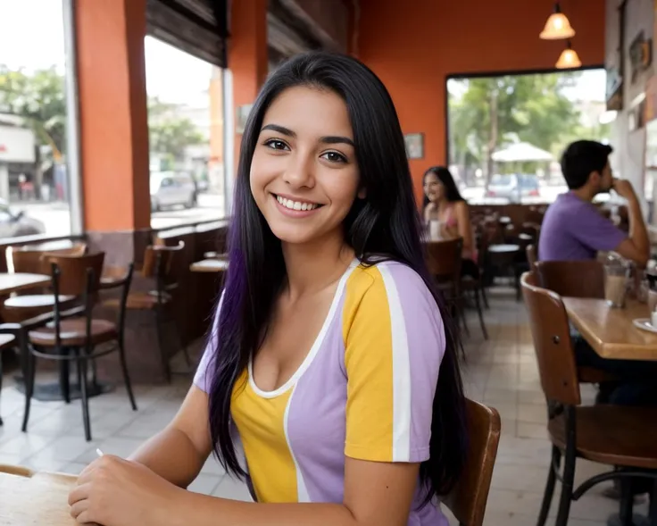 Susana from Venezuela, long brush-cut [violet-black:.3] hair, 
picture of a young woman, having mate in a cafe,  smile, natural light,