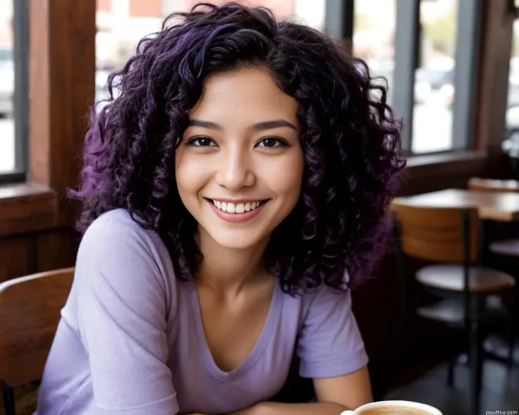 Toni from USA, medium (chin-length:1.2) curly [violet-black:.3] hair, 
picture of a young woman, having mate in a cafe,  smile, natural light,