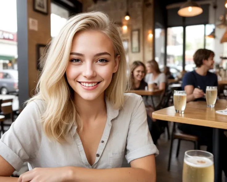 Amelia from USA, long (waist-length:1.2) brush-cut champagne-blonde hair,
picture of a young woman, having mate in a cafe, smile, natural light,