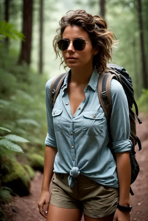 cinematic film still cinamatic photo, hyper realism, Photo of a woman hiking, she is taking a break, backpack is next to her, shorts, hiking boots, knotted shirt, sweaty, messy hair, sunglasses stuck in the hair, professional, perfect face, shalow depth of field, highly detailed, high budget, bokeh, cinemascope, moody, epic, gorgeous . shallow depth of field, vignette, highly detailed, high budget, bokeh, cinemascope, moody, epic, gorgeous, film grain, grainy