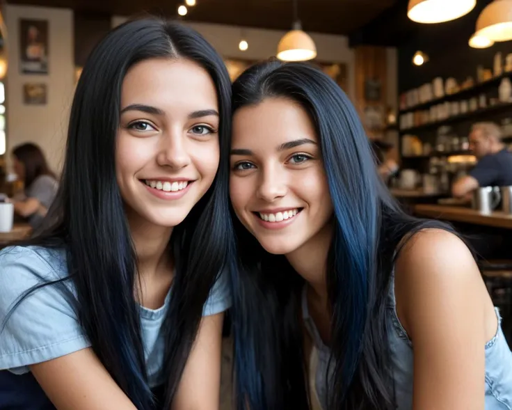 Mathea from Austria, long brushed-back [blue-black:.3] hair, 
picture of a young woman, having mate in a cafe,  smile, natural light,