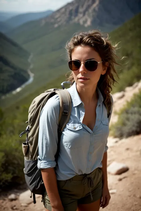 cinematic film still cinamatic photo, hyper realism, Photo of a woman hiking, she is taking a break, backpack is next to her, shorts, hiking boots, knotted shirt, sweaty, messy hair, sunglasses stuck in the hair, professional, perfect face, shalow depth of field, highly detailed, high budget, bokeh, cinemascope, moody, epic, gorgeous . shallow depth of field, vignette, highly detailed, high budget, bokeh, cinemascope, moody, epic, gorgeous, film grain, grainy