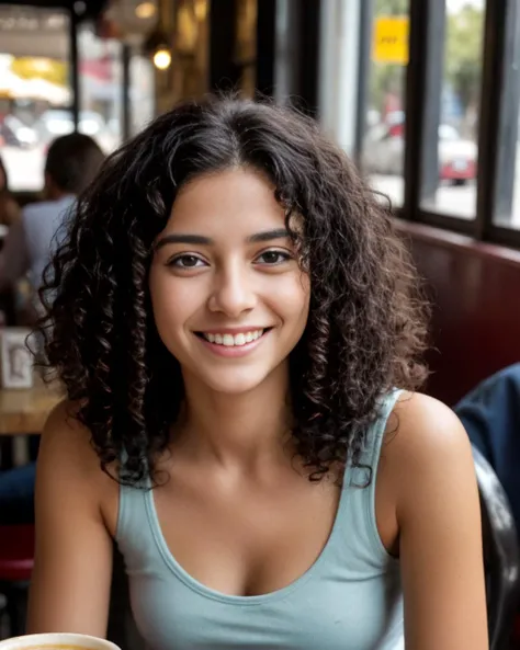Noelia from Argentina, medium (chin-length:1.2) curly [nearly black:.3] hair, 
picture of a young woman, having mate at an argentinian cafe,  smile, natural light,