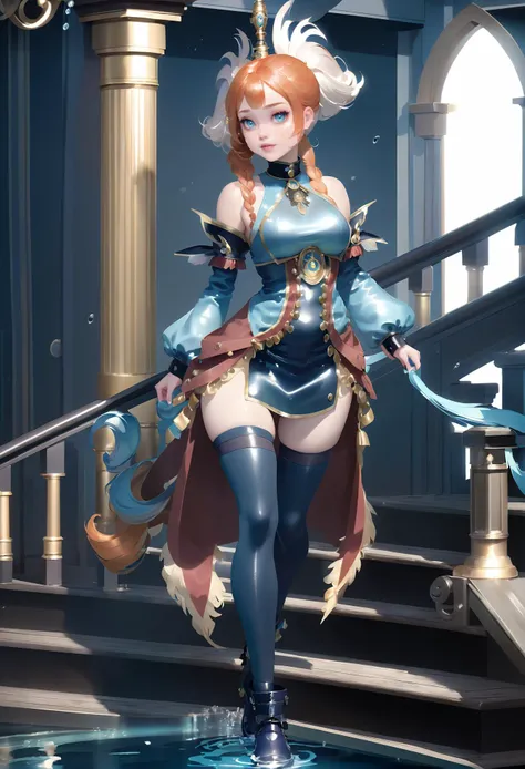 welcoming, 1girl, dark paladin, ginger hair, Wet Look, (full body:0.5), [:revealing costume design:0.2], caucasian, in in the deep infernal, Victorian ocean, on a celestial staircase, bombshell hair, iridescent platinum hair, ponytail,Feathered Hair, holding handsBREAK outlandish costume