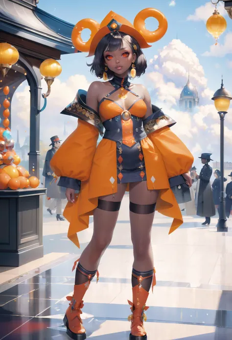 Post-rock, bokeh,1girl, (cloud wizard:1.3), (in formal Paris:1.3), full body, thigh gap, , red-orange eyes, pose, [:colorful costume design:0.2], (from side:1.5),legwarmers, (african, dark skin:0.6)BREAK revealing costume