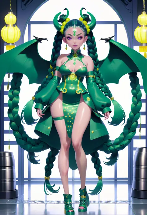 (appealing Bloomcore:1.3) succubus, wings, full body, lingerie, [:intricate, intricate costume design,:0.2], official art, chinese, studio dark forest green lighting from below, on a brutalist, Baroque starbase, bombshell hair, ultraviolet hair, Lemonade Braids, yokozuwari