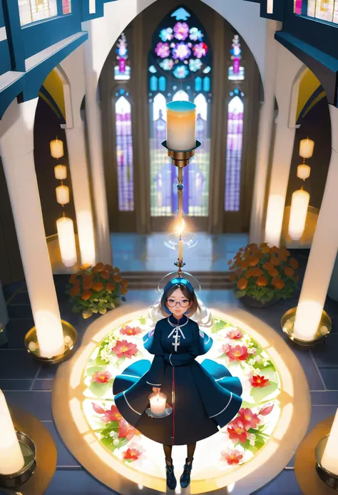 Concore, bokeh,1girl, (candle florist hero:1.3), (in a spring, modern cathedral:1.3), scenery, full body, [:casual, seductive costume design:0.2], glasses,(from above:1.8), (asian:1.3)