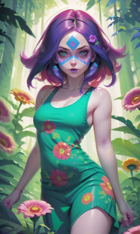 1 cultist female, tank top, closeup shot, floral, colorful , art by Alex Petruk (APe) , flat light
