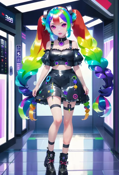 pastel goth girl, 1girl, full body, [:formal costume design,:0.2], official art, (asian:1.3), punk hair, rainbow hair, Crimped Hair,curly hair,  shiny multicolor lighting , at a  skyport, bombshell hair, deep ultraviolet hair with red highlights, twintails, leg upBREAK outlandish costume