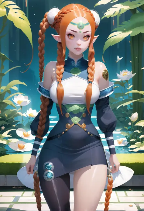 elf sci-fi ,Yakuza rogue lord ,  , mouth mask, leg tattoos, tattoos,red-orange hair, low-braided long hair,Pageboy Cut, caucasian, small breasts, slim figure, full body, daggers, pigeon pose, sunset, in a galactic zen garden, in a lush, unpleasant laboratory, bombshell hair, muted white hair, french braids,Infinity Braid, kneelingBREAK outlandish costume