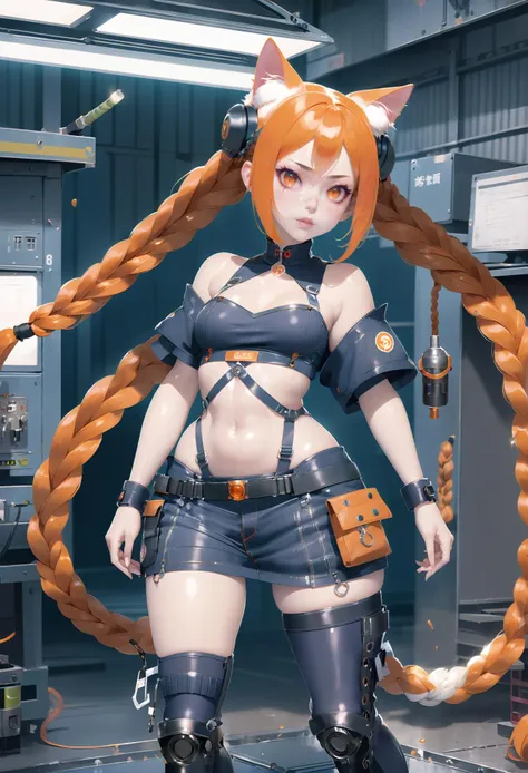 cat ears cyberpunk assassin  ,  , thigh boots,bright orange hair with crimson highlights, Invisible Braids,drill hair, chinese, small breasts, slim figure, full body, carrying over shoulder, , in a  factory, in a  hurricane, bombshell hair, copper hair, braid, heads togetherBREAK revealing costume