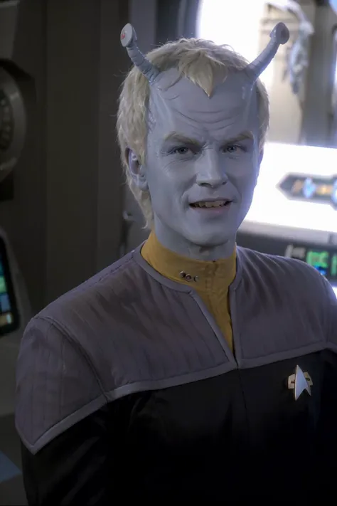 headshot of young man, Alexander Ludwig, andorian, blue skin, white hair, antennae, wearing black and yellow ds9st uniform, sci-fi starship background, facing camera, smiling, <lora:DS9_768V12:0.7>, <lora:race_st_andorian:0.8>