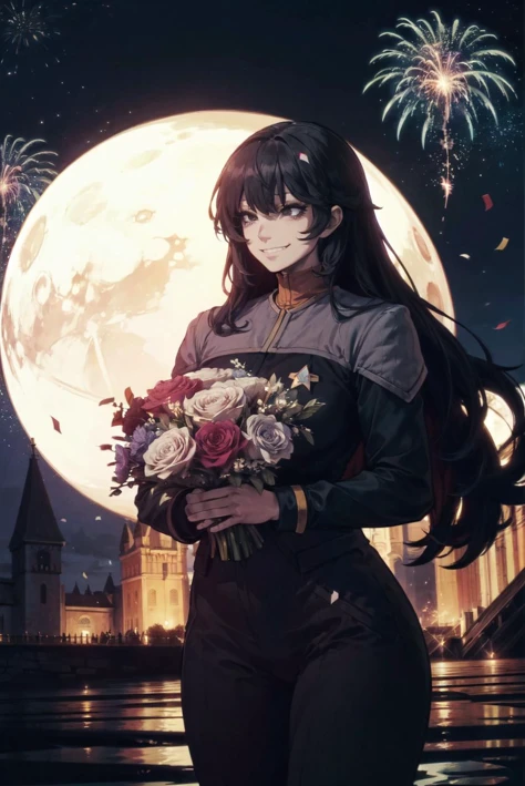 (ds9st operations:1.2) uniform,(super fine illustration:1.2),(masterpiece, 8k), (best quality, high quality:1.4), perfect anatomy, hyper detailed, ultra detailed,perfect design,(hand in pocket,The girl is holding a very large bouquet of flowers,Lots of fireworks, spoken big heart:1.2),(, slender, small breasts, long sleeves,black hair, long hair, :1.2),(light smile, grin, black eyes, slender girl),(celebrating, Lots of confetti, lots of confetti,large bouquet of flowers),(Starry sky, full moon,Night cities and castles in the fantasy world of medieval Europe),<lora:Ds9Divi:0.8>