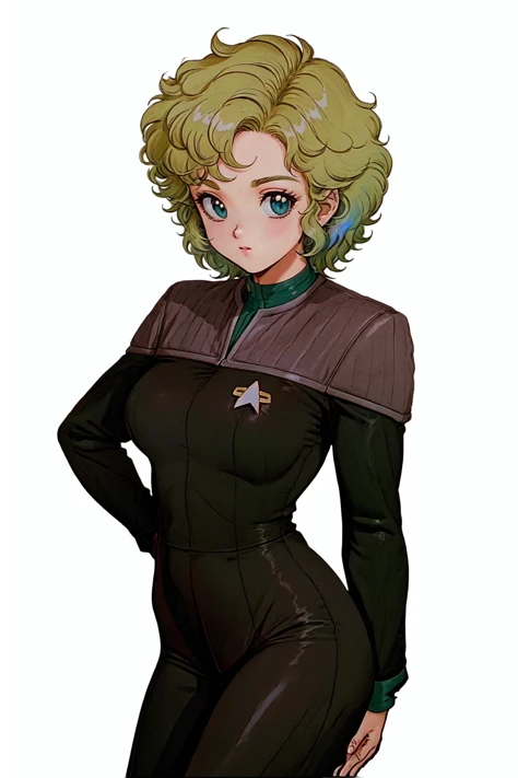 (ds9st science:1.2) uniform,(1girl), (full), korean, torso, body,curvy, sfw, fine art, 8k, ultra-detailed, highres, (best quality, masterpiece:1.2), volumetric lighting, focus, colorful, paint, illustration, ((extreme details)), sexy , crazy hair, curly hair, whirlwind hair, blonde hair<lora:Ds9Divi:0.8>