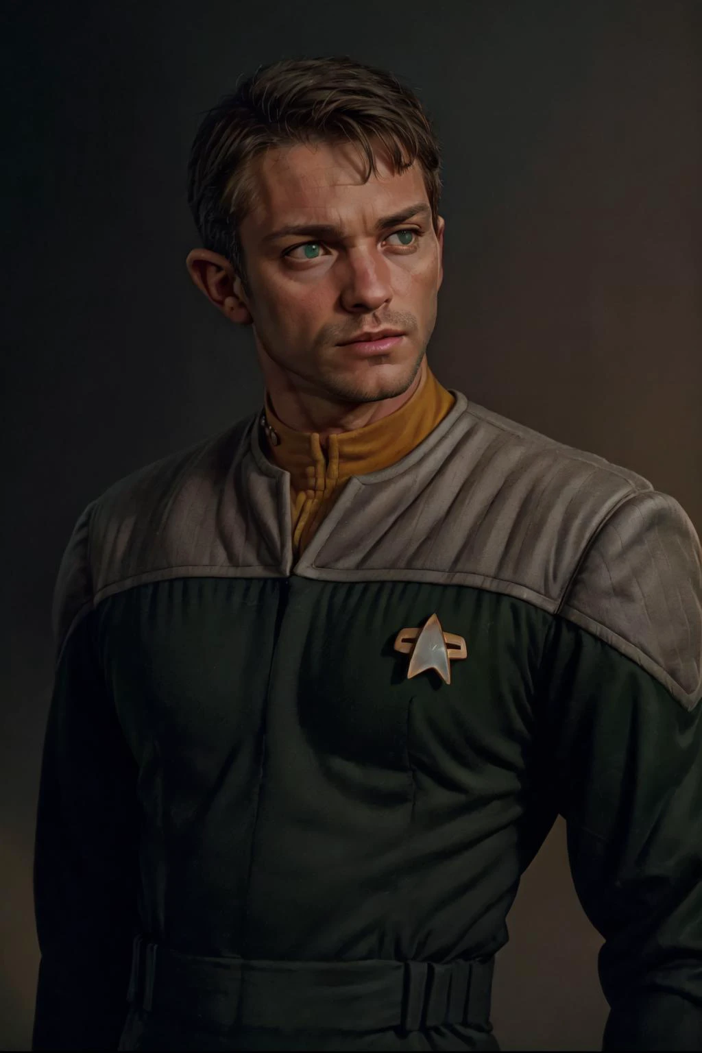 (ds9st operations:1.35) uniform,portrait of a man, 40 y.o, perfect face, natural skin, film grain, skin imperfections, ((face close-up)), realistic photography, green eyes, stubble, short cropped hair, muscular, realistic, cinematic, best quality, detailed background, depth of field, intricate details, dynamic pose, dynamic angle <lora:Ds9Divi:0.8>