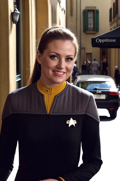 (ds9st operations:1.2),black jumpsuit,yellow collar, black sleeves
BREAK
closeup, 30 year old Italian woman, in front of cafe in Florence, smiling, dynamic natural light, highly detailed, high resolution,<lora:Ds9Divi:0.8>