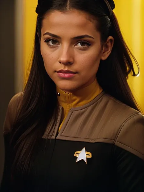 young woman in (ds9st yellow and black uniform1.2). latina, determined look. dark hair. action pose. looking at the viewer. in a apace station control room. bokeh.<lora:Ds9Divi:0.8> prettify PA7_Photo.