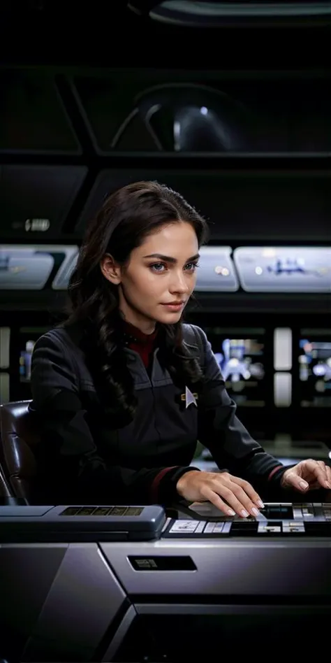 (full body:1.7), (front view:1.5), young woman sitting behind a reflective desk, cloth black and red ds9st uniform, black shoes,(long black hair), (black boots), facing viewer, long pants, soft smile, ((in a spaceship)), finely detailed skin,<lora:DS9_768V12:0.8> . Extremely high-resolution details, photographic, realism pushed to extreme, fine texture, incredibly lifelike