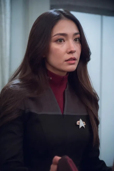 wearing (ds9st command red and black uniform:1.4)
BREAK
Portrait, A Woman, look at viewer, long hair, white background<lora:Ds9Divi:0.8>
