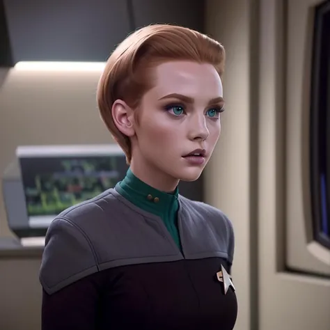 young woman in black and teal ds9st uniform with buzz-cut strawberry blonde hair,green eyes,glossy lips,in dsnstation room, 8k uhd, dslr, soft lighting, high quality, film grain,masterpiece quality,Fujifilm XT3<lora:DS9_768V12:0.8>