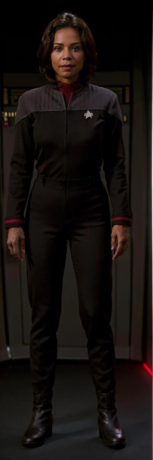 (brown Egyption bob hair:1.3),(full body:1.7) young tanned latina woman with in black and red ds9st uniform, smooth black medium hight boots under pants, (hands hidden behind back:1.4), soft smile, looking at viewer, (front view:1.5), in a spaceship, finely detailed skin,<lora:DS9_768V12:0.8> . Extremely high-resolution details, photographic, realism pushed to extreme, fine texture, incredibly lifelike