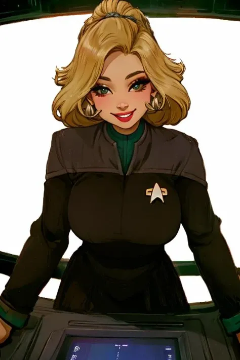 young woman in (ds9st science uniform:1.2). adorable smile. blonde hair. looking at the viewer. in a apace station control room. bokeh.<lora:Ds9Divi:0.8> prettify