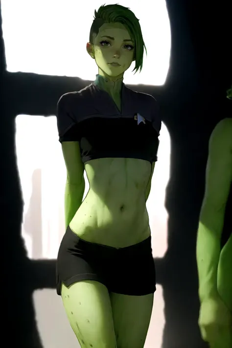 (masterpiece, best quality), (absurdres:1.3), (photorealistic:1.4), Cinematic Lighting, RAW photo of cute idol, (1girl:1.5), solo, (flat chest:1.2), (ultra detailed, ultra realistic, hyper realistic, 8K, ultra highres:1.2), (dynamic pose:1.7), cowboy shot, bokeh, sharp focus, depth of field, (high detailed skin, detailed skin texture:1.2), lips, slim, slender, detailed eyes, detailed face, mischievous, smirk, (short girl, petite body:1.5), on spaceship, window, stars, indoors, hallway,
(arms behind back:1.4), <lora:tendi-Lora:0.4>, tendi, (green skin:1.5), green eyes, (green hair), short hair, (mohawk:1.3), <lora:Ds9Divi:1.0>, (ds9st science:1.2) uniform, black pants, combadge, detailed skin texture, (blush:0.2), (goosebumps:0.3), subsurface scattering