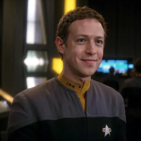 sharp focus, a man wearing a ds9st uniform black and yellow uniform, yellow collar, Mark Zuckerberg, looking at viewer, smile, grin, scifi starship background, <lora:DS9_768V12:0.8>