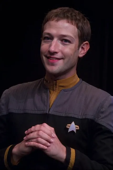 sharp focus, a man wearing a (ds9st operations:1.2) uniform, yellow collar, Mark Zuckerberg, looking at viewer, smile, grin, scifi starship background, <lora:Ds9Divi:0.8>