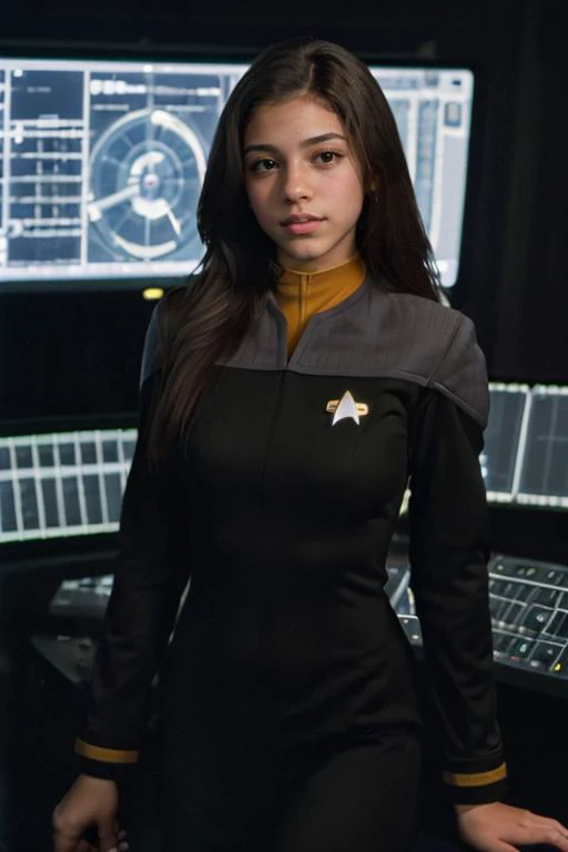 young woman in (ds9st yellow and black uniform1.2).r1ta-001, determined look. dark hair. action pose. looking at the viewer. in a space station control room. bokeh.<lora:Ds9Divi:0.75> prettify PA7_Photo.