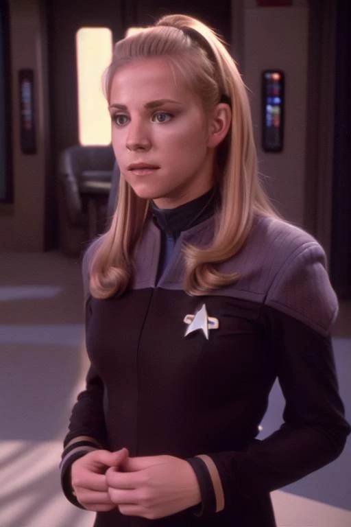 photo of a young woman with dirty blonde hair wearing a black and blue ds9st uniform, 8k uhd, dslr, soft lighting, high quality, film grain,masterpiece quality,Fujifilm XT3, <lora:DS9_768V12:0.8>
