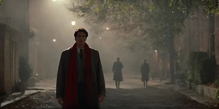 cinematic film still of <lora:Fright Night 1985 Film Style:1>
Cinematic Wide full Shot, Film Footage captured by Panavision Cameras and Lenses, Jerry Dandrige a man in a long coat and red scarf, standing in a dark alley, walking to the camera, with perfect fog light on, Fright Night 1985 Film Style, shallow depth of field, vignette, highly detailed, high budget, bokeh, cinemascope, moody, epic, gorgeous, film grain, grainy