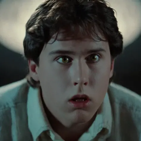 Horror-themed, <lora:Fright Night 1985 Film Style:1>
Cinematic low angle Closeup Shot, Film Footage captured by Panavision Cameras and Lenses, Charley Brewster a young man staring at something down with wide eyes in the dark with a surprised scared look on his sweaty face Fright Night 1985 Film Style, Eerie, unsettling, dark, spooky, suspenseful, grim, highly detailed