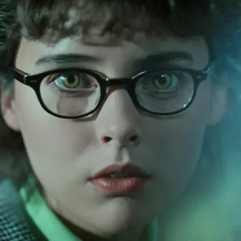 Horror-themed, <lora:Fright Night 1985 Film Style:1>
Cinematic Closeup Shot Film Footage captured by Panavision Cameras, Alex a nerd looking young woman with glasses staring at camera with a surprise look on her fac Fright Night 1985 Film Style, Eerie, unsettling, dark, spooky, suspenseful, grim, highly detailed