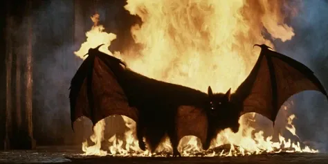 Horror-themed,  <lora:Fright Night 1985 Film Style:1>
Cinematic Medium Shot Film Footage captured by Panavision Cameras and Lenses a large vampire bat creature is burning on fire, with fire in background, in a dark room, Fright Night 1985 Film Style, Eerie, unsettling, dark, spooky, suspenseful, grim, highly detailed