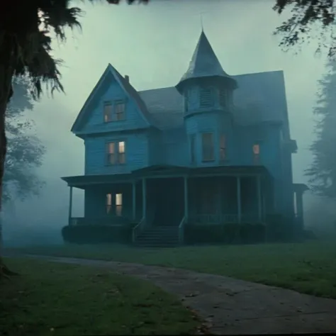 Horror-themed,  <lora:Fright Night 1985 Film Style:1>
Cinematic Wide Shot Film Footage captured by Panavision Cameras and Lenses, a creepy looking house with a huge scary Vampire Creature blue Fog Hologram face above it staring at camera, Fright Night 1985 Film Style, Eerie, unsettling, dark, spooky, suspenseful, grim, highly detailed