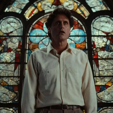 Horror-themed, <lora:Fright Night 1985 Film Style:1>
Cinematic Medium low angle from below Shot, Film Footage captured by Panavision Cameras and Lenses, Jerry Dandrige a man in a white shirt standing in front of a stained glass window, staring with a surprise big eyes look and open mouth at something in front of camera, with perfect dramatic shadow light on, Fright Night 1985 Film Style, Eerie, unsettling, dark, spooky, suspenseful, grim, highly detailed