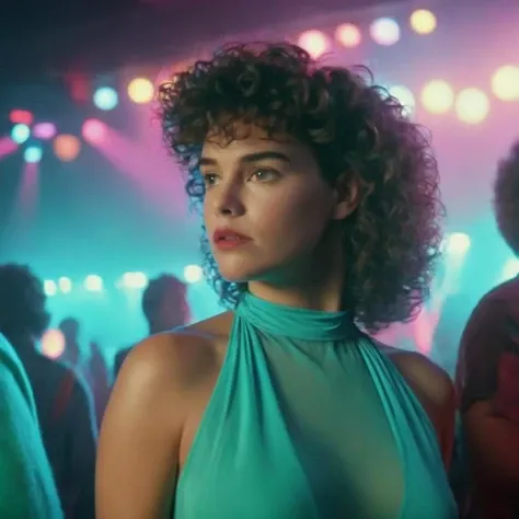 UHD, 4k, ultra detailed, cinematic, a photograph of <lora:Fright Night 1985 Film Style:1>
Cinematic Closeup Shot, Film Footage captured by Panavision Cameras and Lenses, young Amy Peterson a short curly hair woman with a turquoise shirt staring at someone in a disco nightclub with disco hair light face light on and blur background Fright Night 1985 Film Style, epic, beautiful lighting, inpsiring