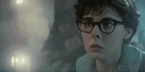 Horror-themed, <lora:Fright Night 1985 Film Style:1>
Cinematic Closeup Shot Film Footage captured by Panavision Cameras and Lenses, Alex a nerd looking young woman with glasses staring at camera with a surprise look on her fac Fright Night 1985 Film Style, Eerie, unsettling, dark, spooky, suspenseful, grim, highly detailed