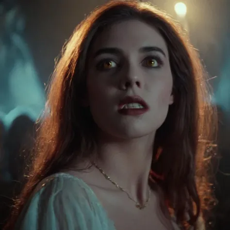 UHD, 4k, ultra detailed, cinematic, a photograph of <lora:Fright Night 1985 Film Style:1>
Cinematic low angle from below, Closeup Shot Film Footage captured by Panavision Cameras and Lenses, vampire human, Amy a young vampire woman with a vampire makeup and a red brown hair, staring down at camera, with perfect vampire fangs teeth, and golden black lenses, in a dark room, with white spotlight face light on, Fright Night 1985 Film Style, epic, beautiful lighting, inpsiring