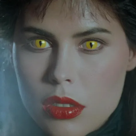 Horror-themed, <lora:Fright Night 1985 Film Style:1>
Cinematic Closeup Shot Film Footage captured by Panavision Cameras and Lenses, vampire human, Regine a vampire woman with a vampire fangs teeth, staring in front of camera with yellow eye lenses and open vampire mouth and red lipstick, Fright Night 1985 Film Style, Eerie, unsettling, dark, spooky, suspenseful, grim, highly detailed