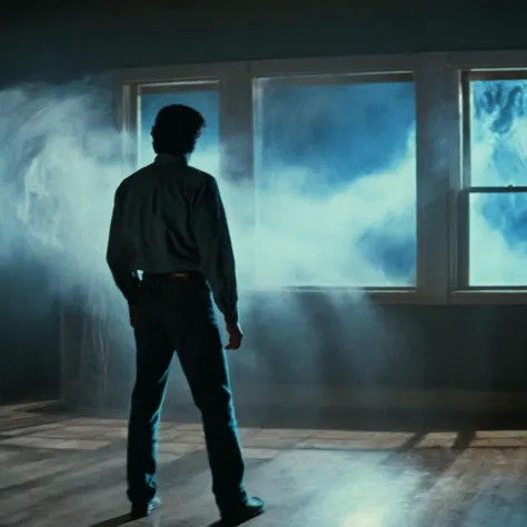 Horror-themed, <lora:Fright Night 1985 Film Style:1>
Cinematic Medium full Shot Film Footage captured by Panavision Cameras and Lenses, Charley Brewster a man in a shirt and jeans is standing in front of an open window with heavy blowing wind in a room with blue white light on, Fright Night 1985 Film Style, Eerie, unsettling, dark, spooky, suspenseful, grim, highly detailed