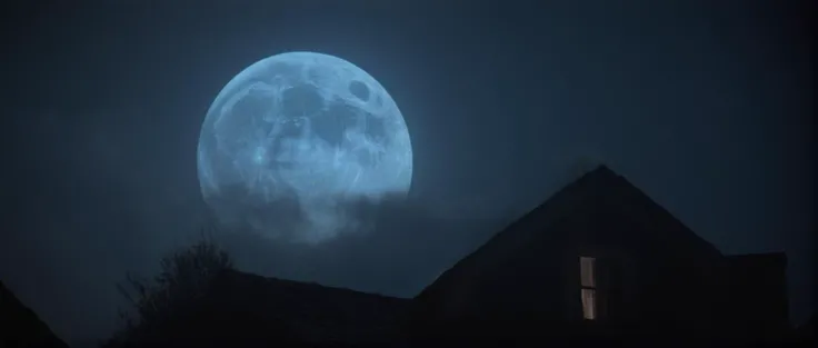 cinematic film still of <lora:Fright Night 1985 style v2:1>
In the 1980's Cinematic Closeup Shot Film Footage captured by Panavision Cameras and Lenses a blue moon with a black background with fog on Fright Night 1985 Film Style,sky,cloud,no humans,night,moon,black background,star (sky),night sky,scenery,full moon,blue theme,space,planet,earth (planet) , horror themed, dark themed, low key light, dramatic light, dramatic shadow light, contrast, cinematic color, cinematic look, filmic, realistic, realism, perfection, perfect, Kodak, Kodak film, movie still, Fright Night 1985 style, Fright Night Film style, shallow depth of field, vignette, highly detailed, high budget, bokeh, cinemascope, moody, epic, gorgeous, film grain, grainy