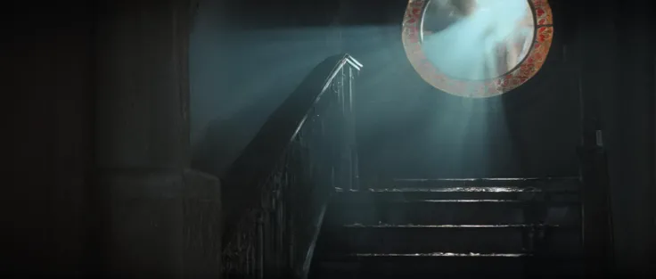 cinematic film still of <lora:Fright Night 1985 style v2:1>
From below, In the 1980's a broken stained round window in a building with a sunlight coming through, epic scene, indoors,no humans,window,fire,scenery,stairs,candle,pillar,flame,statue,candlestand,chandelier,candlelight , horror themed, dark themed, low key light, dramatic light, dramatic shadow light, contrast, cinematic color, cinematic look, filmic, realistic, realism, perfection, perfect, Kodak, Kodak film, movie still, Fright Night 1985 style, Fright Night Film style, shallow depth of field, vignette, highly detailed, high budget, bokeh, cinemascope, moody, epic, gorgeous, film grain, grainy